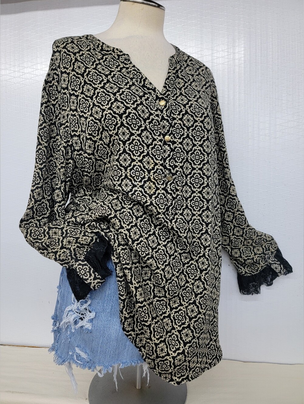 Bohemian Cottage GrungeTunic Blouse with Lace Cuffs - Upcycled